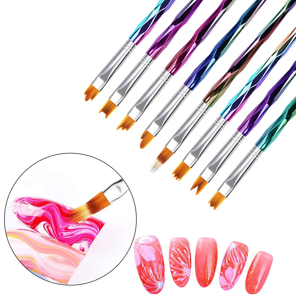 Mwoot Set di 8 pennelli per nail art con sfumatura sfumata, con penna UV per pittura a gel, manico multicolore per manicure, nail art