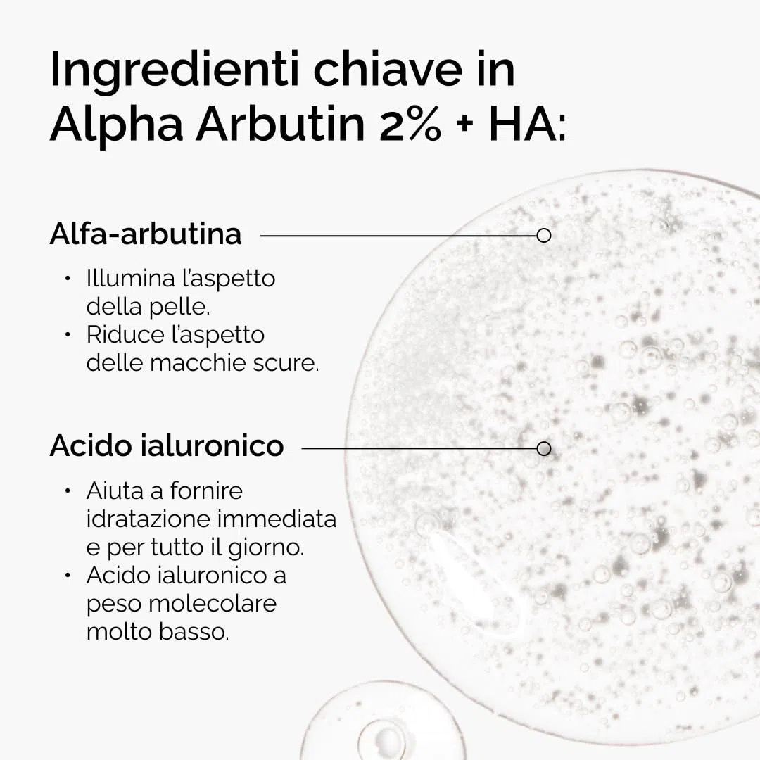 The Ordinary Alpha Arbutin 2% + HA, Siero Alfa-Arbutina e Acido Ialuronico, Illumina la pelle e riduce le macchie della pelle