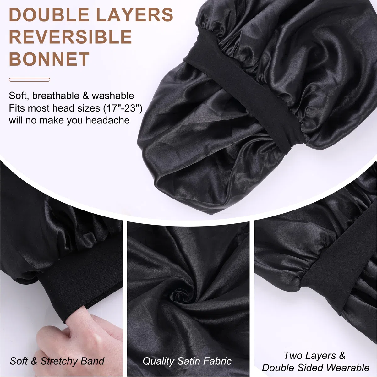 MoHern Cuffia da uomo, a doppio strato, in raso, per dormire, reversibile, per capelli ricci, cuffia in raso per uomini e donne di colore, nero, Large