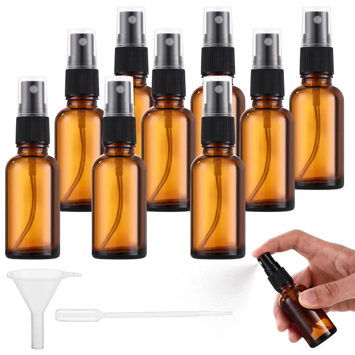 Nuangoo 10 pezzi Bottiglie Spray Vetro, 30 ml Flaconi spray vuoti in vetro,Flaconi spray in Vetro Ambrato con imbuto e contagocce per Profumi, Cosmetici, oli Essenziali, Massaggi