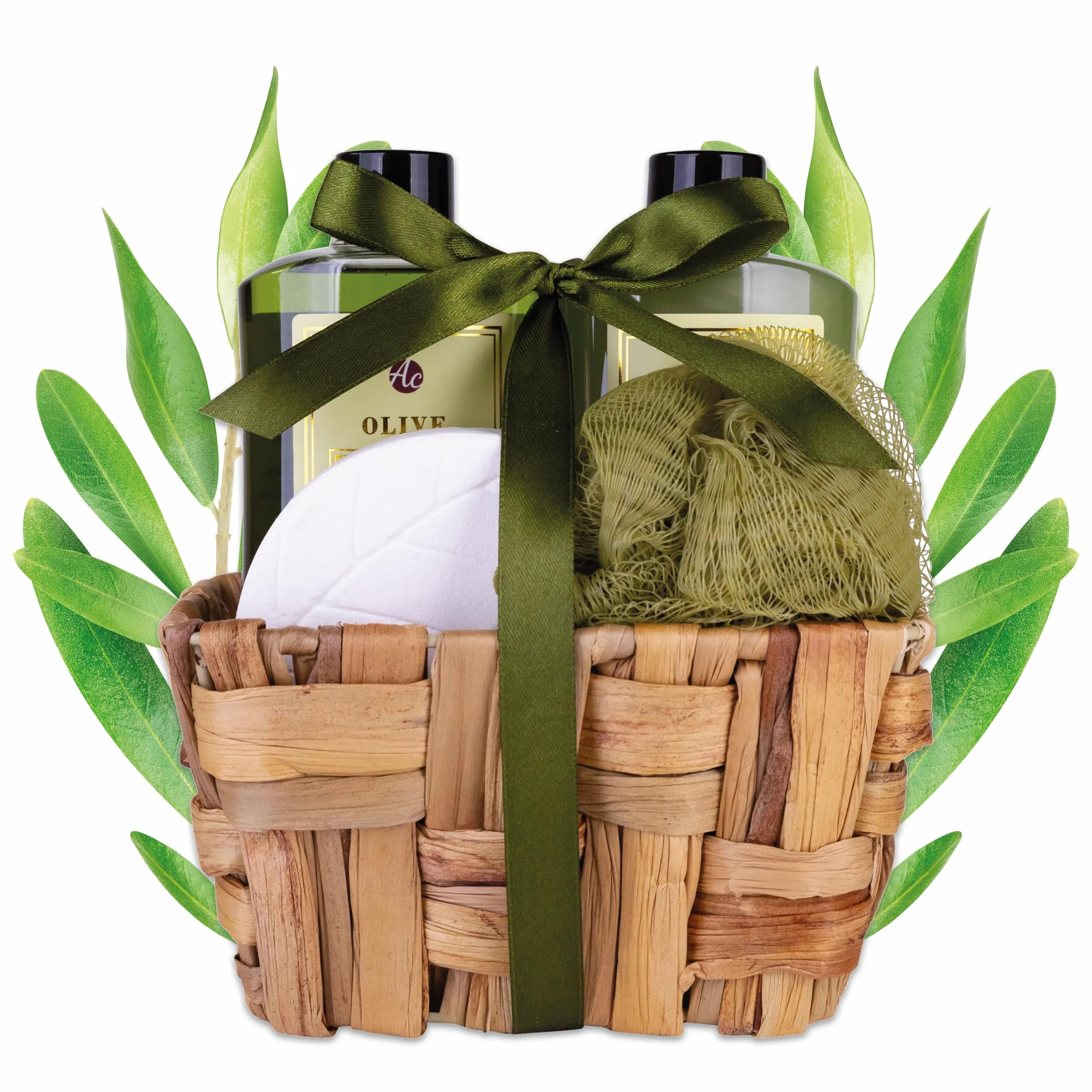 Accentra - Set da bagno da donna "Olive" in cestini in erba marina, set doccia con gel doccia, bagno in schiuma, bomba da bagno e spugna a rete, set da 4 pezzi per donne e ragazze