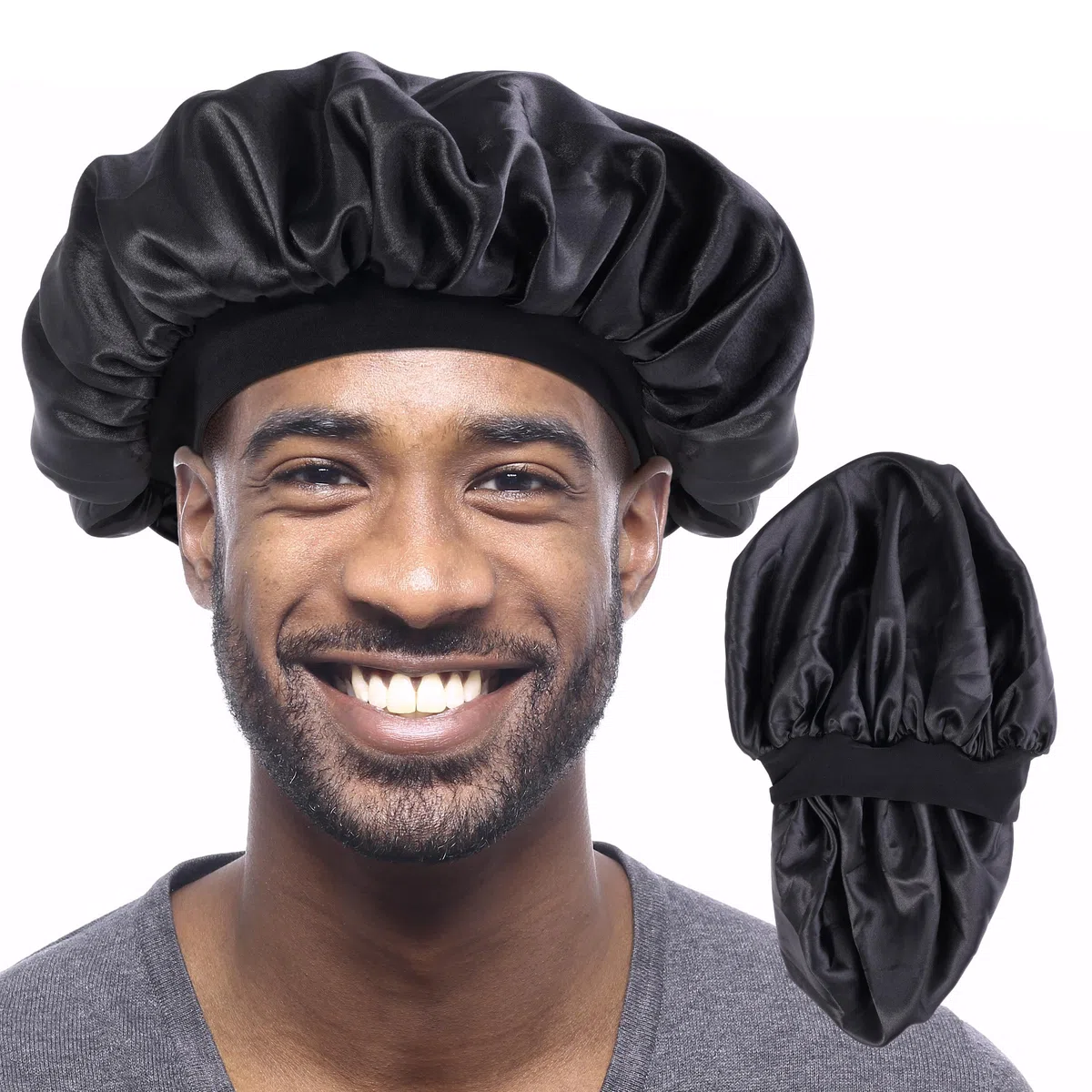 MoHern Cuffia da uomo, a doppio strato, in raso, per dormire, reversibile, per capelli ricci, cuffia in raso per uomini e donne di colore, nero, Large