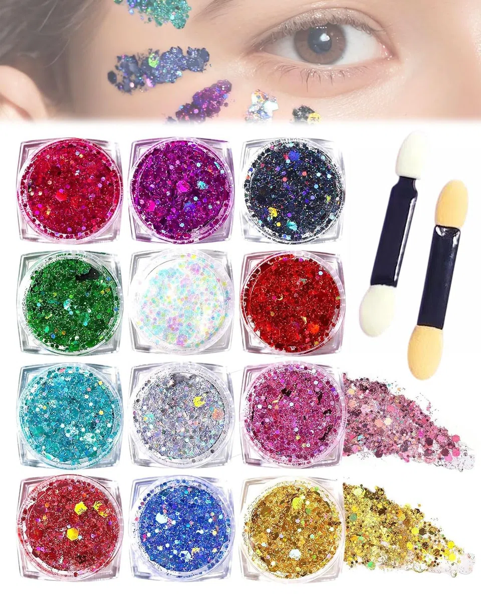 12 Pezzi Glitter Capelli Gel,Brillantini Corpo,Body Glitter Viso Make Up,Brillantini Occhi Polvere,Paillettes per Corpo,Brillantinis Unghie Nail Art,Cosmetici Glitters per Candele Fai da Te