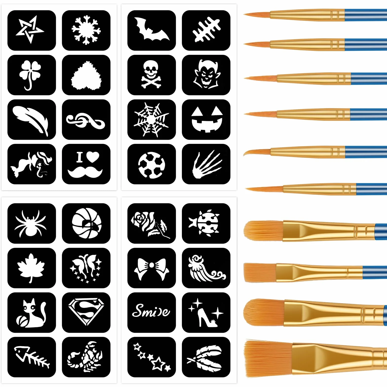 Truccabimbi Kit, 4 fogli Stencil di Pittura del Viso, Modello Riutilizzabile per Il Trucco, Con 10 Pennelli Professionali, Adatto per Halloween, Carnevale, Natale(C)
