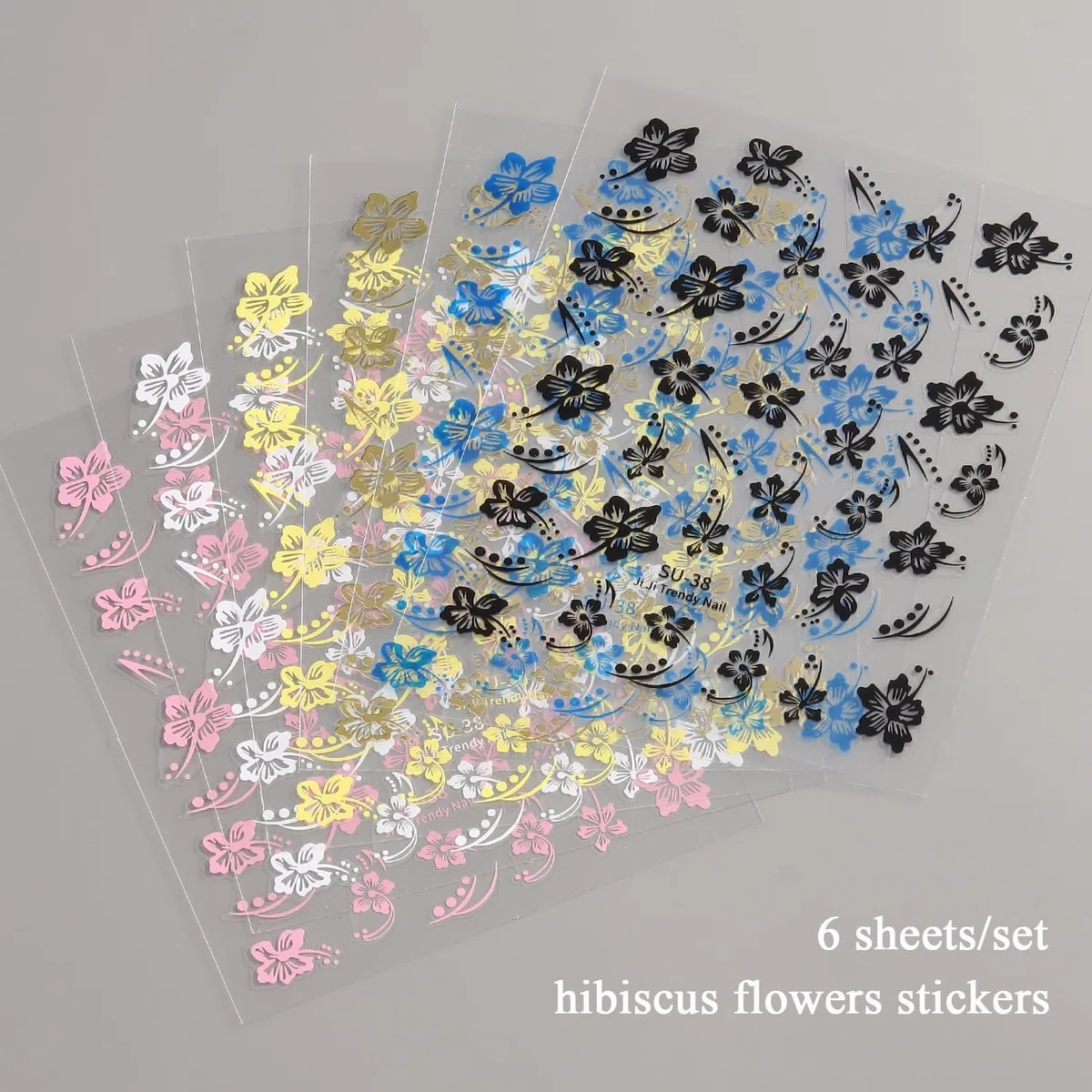 Adesivi per Unghie con Fiori di Ibisco, 6 Pezzi Immagini di Fiori di Ibisco 3D Autoadesive Bianco Rosa Hawaiani Colorati
