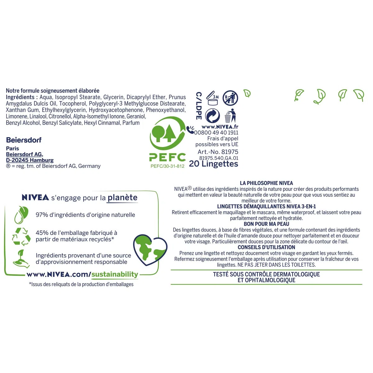NIVEA - Salviette struccanti 3 in 1 - Efficacia impermeabile - Viso, Occhi, Labbra - Morbidezza & Idratazione - Pro-Vitamina B5 & Idrramina - Fibre Di Origine Vegetale - Pelle Secca - x 20