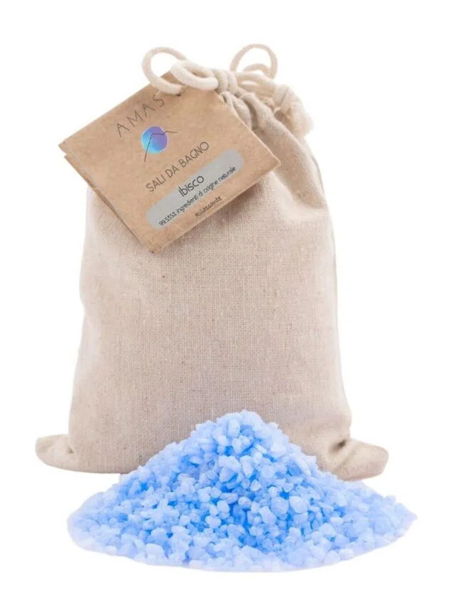 AMAS Sali da bagno RILASSANTI ai FIORI DI IBISCO - Sale Marino Italiano - 100% Naturali, Vegan e Plastic Free -Fatti a mano in Italia- 350g (10 utilizzi) Aromaterapia idea regalo