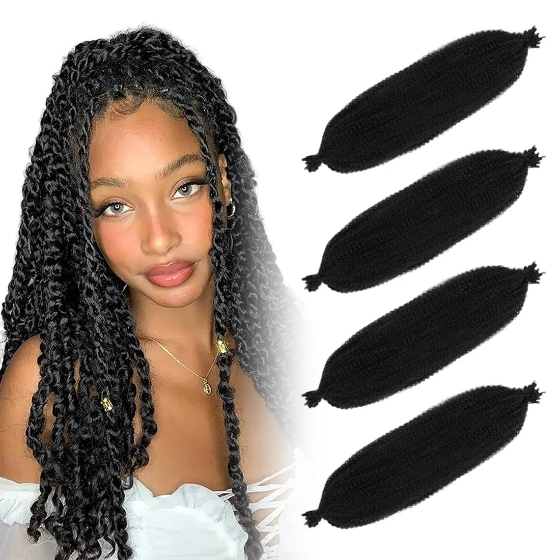 4 Pezzis Capelli per Treccine AfricanePre-separate, Afro Kinky Curly Braiding Bulk Hair, Pre-gonfiate, Extension Capelli, Synthetic Hair Cuban Twist Hair
