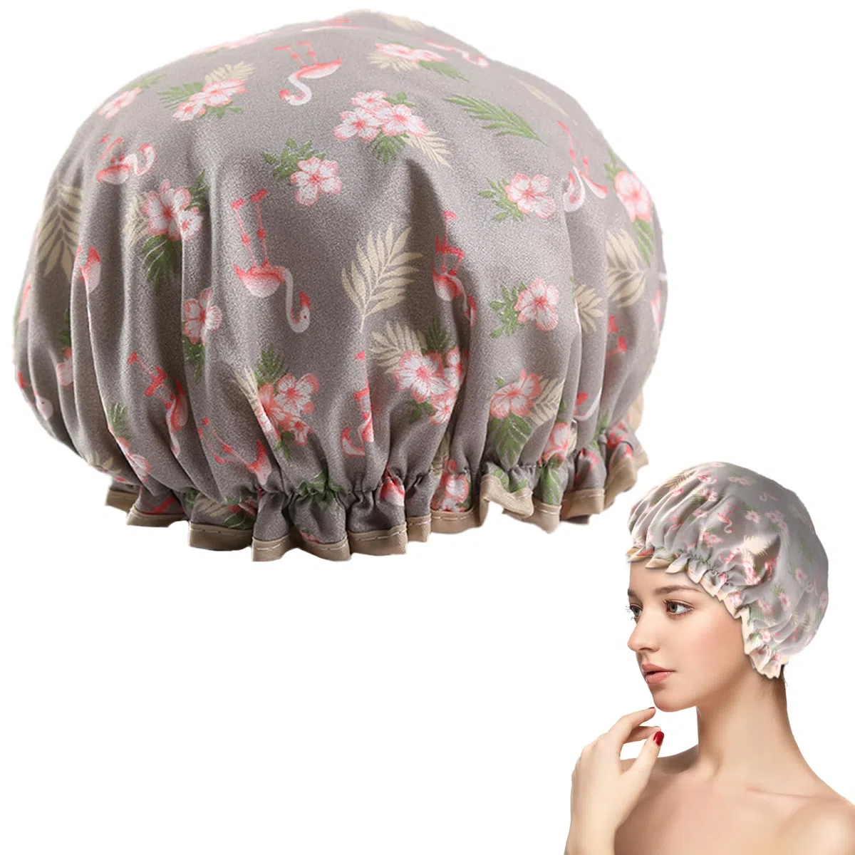 Cuffia da doccia doppio strato per donna, fascia elastica, riutilizzabile, plastica impermeabile, volant, adatta per capelli lunghi, corti e ricci (fenicottero grigio)