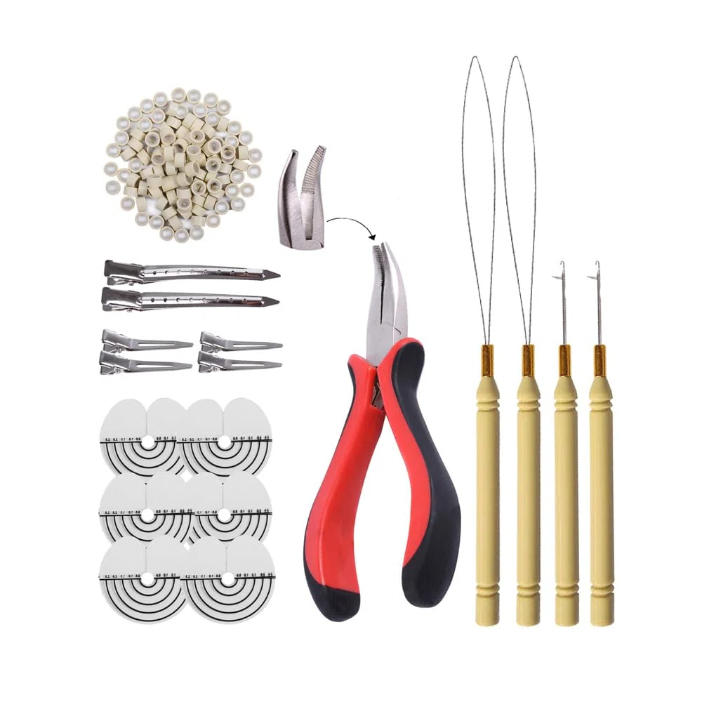 Set di strumenti di estensione dei capelli: pinze per l'estensione dei capelli, micro ago e micro anello in silicone (biondo)