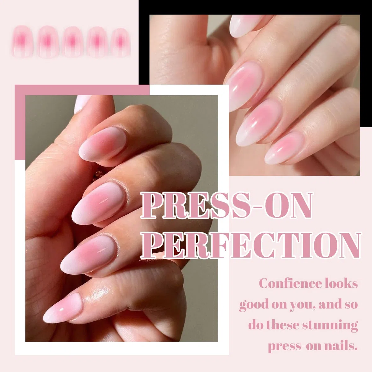 LunarCharm 24 pezzi unghie press-on rosa effetto ombré blush, corte a mandorla lucide in acrilico, unghie adesive a copertura completa per donna fai da te