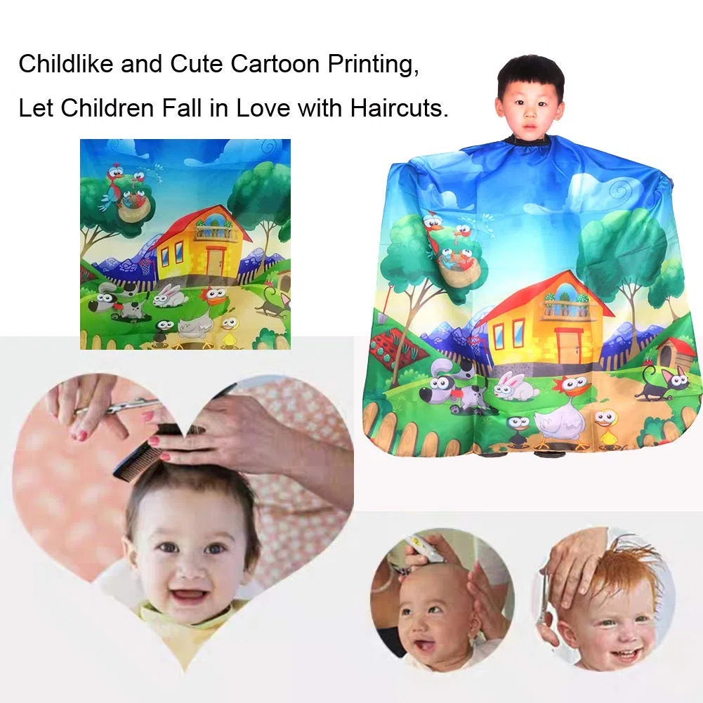 Mantello da taglio di capelli per bambini, con stampa cartoni animati, da parrucchiere, con chiusura a scatto regolabile, impermeabile (Happy Farm), Blu, m