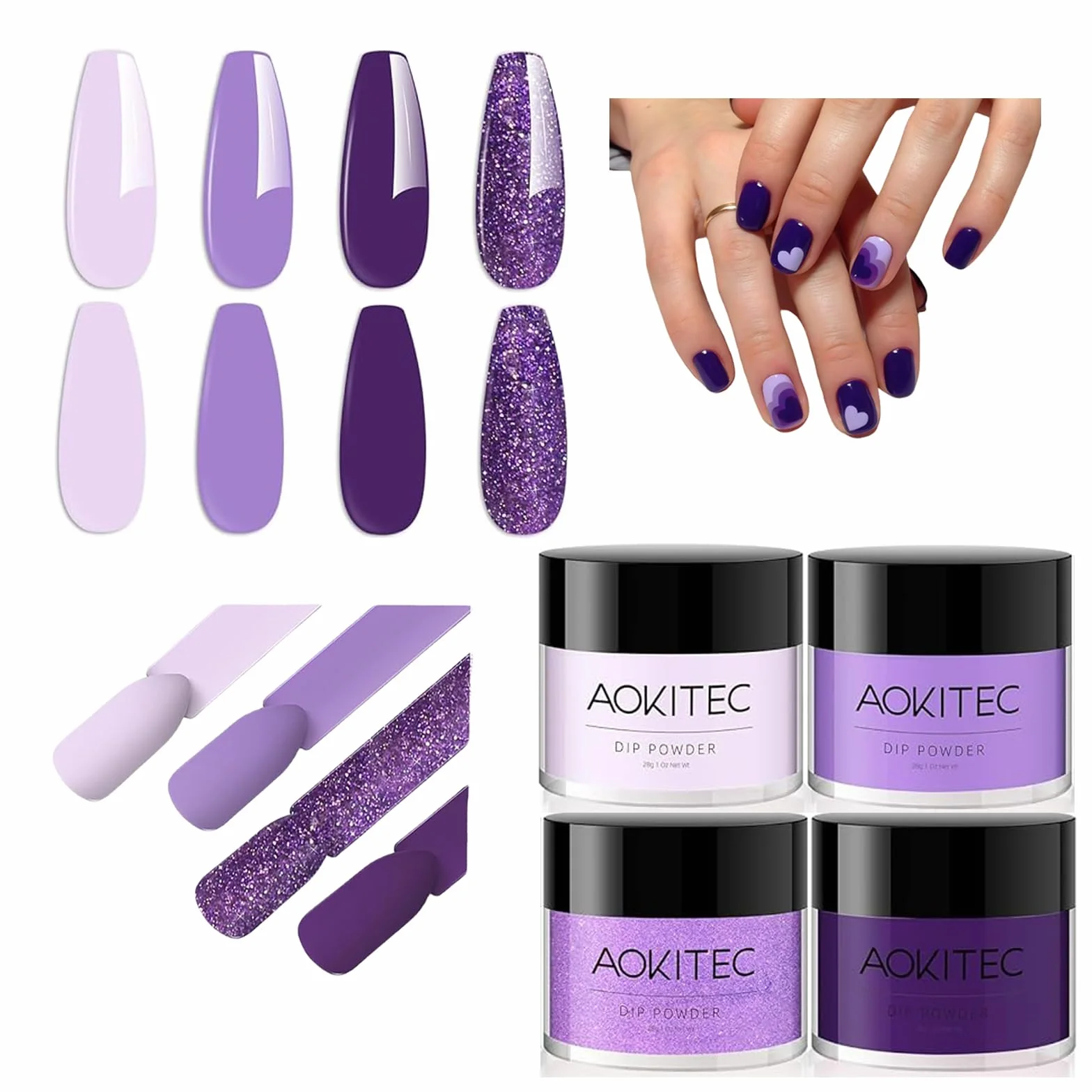Aokitec 4 colori polvere per immersione, tonalità viola polvere per immersione per nail art francese salone di bellezza, polvere per unghie per principianti, inodore a lunga durata, regalo per donna