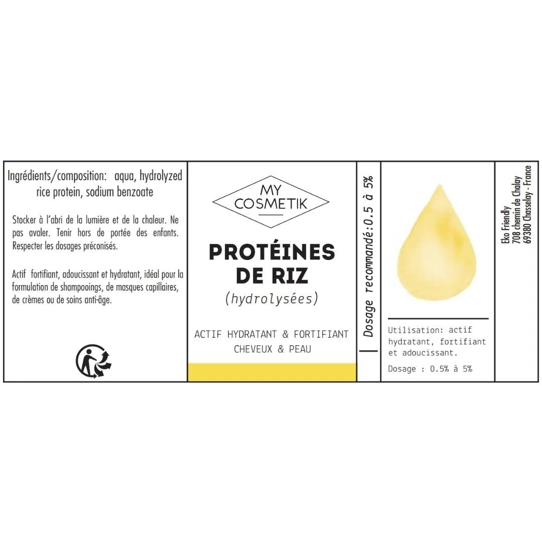 MY COSMETIK - Proteine di riso idrolizzate - Ingrediente attivo cosmetico idratante, emolliente e rinforzante per capelli e pelle - 100% vegetale - 30 ml