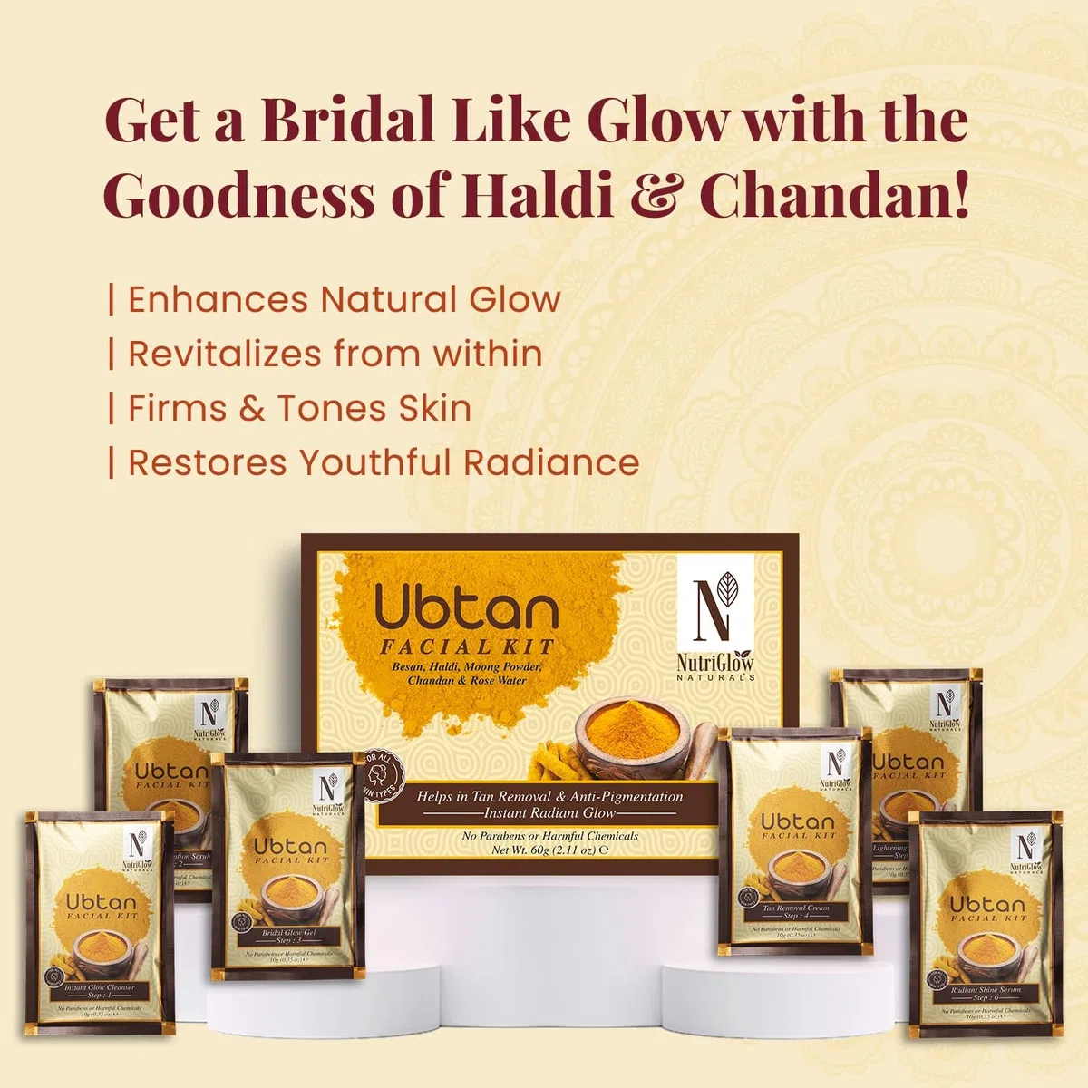 Nutriglow Natural's Ubtan Facial Kit for Glowing Skin, Tan Removal with Haldi & Chandan, 60Gm