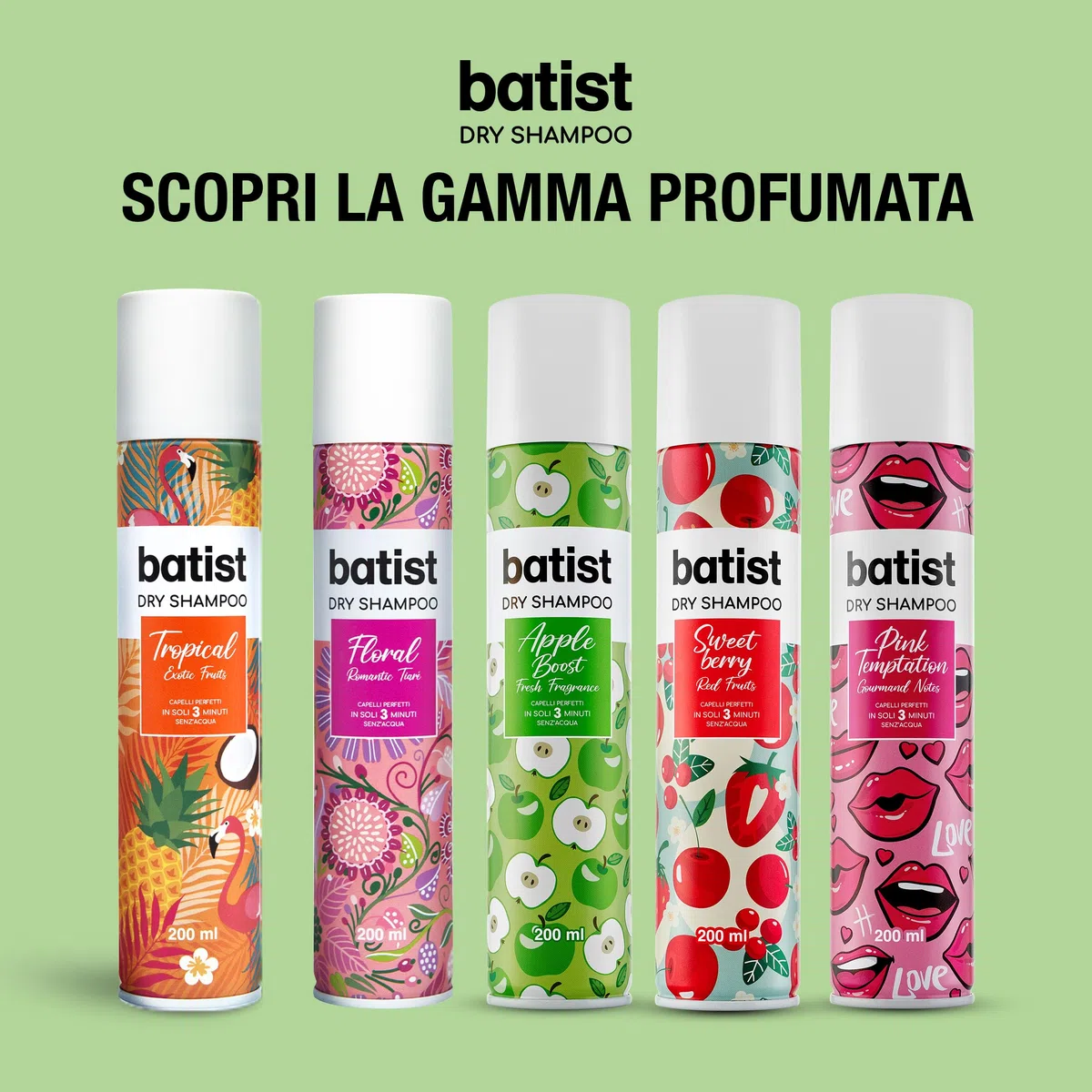 Batist Shampoo Secco Apple Boost, Shampoo a secco con profumo fresco di mela verde, Shampoo secco profumato per acconciature e messe in piega, per tutti i tipi di capelli, 200 ml, Made in Italy