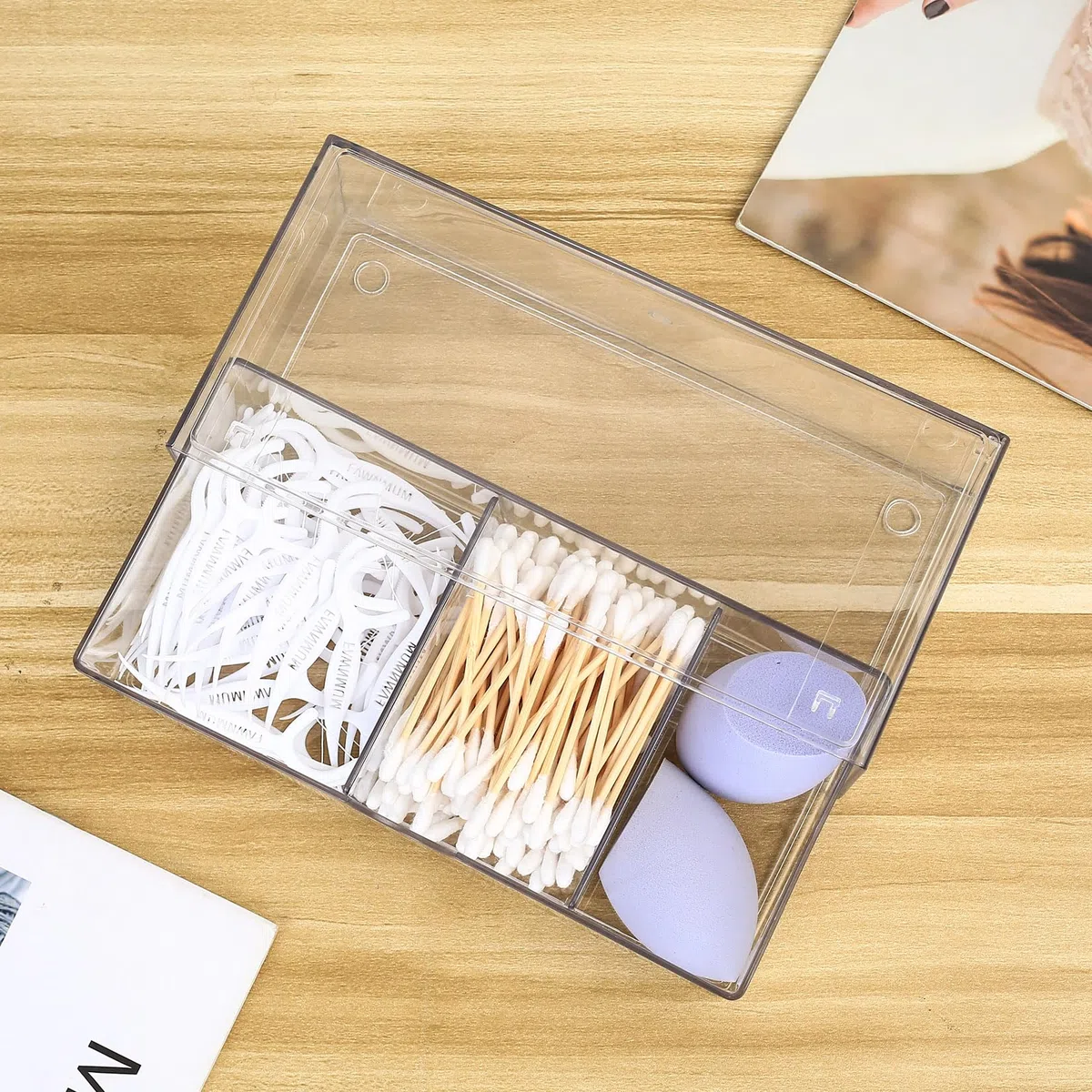SHACHENH Organizer Cosmetici, Scatola Portaoggetti per Bagno Trasparente 3 Scomparti con Cassetti, Organizer da Tavolo Impilabile per Bagno, Porta Dischetti Cotone in Plastica PET
