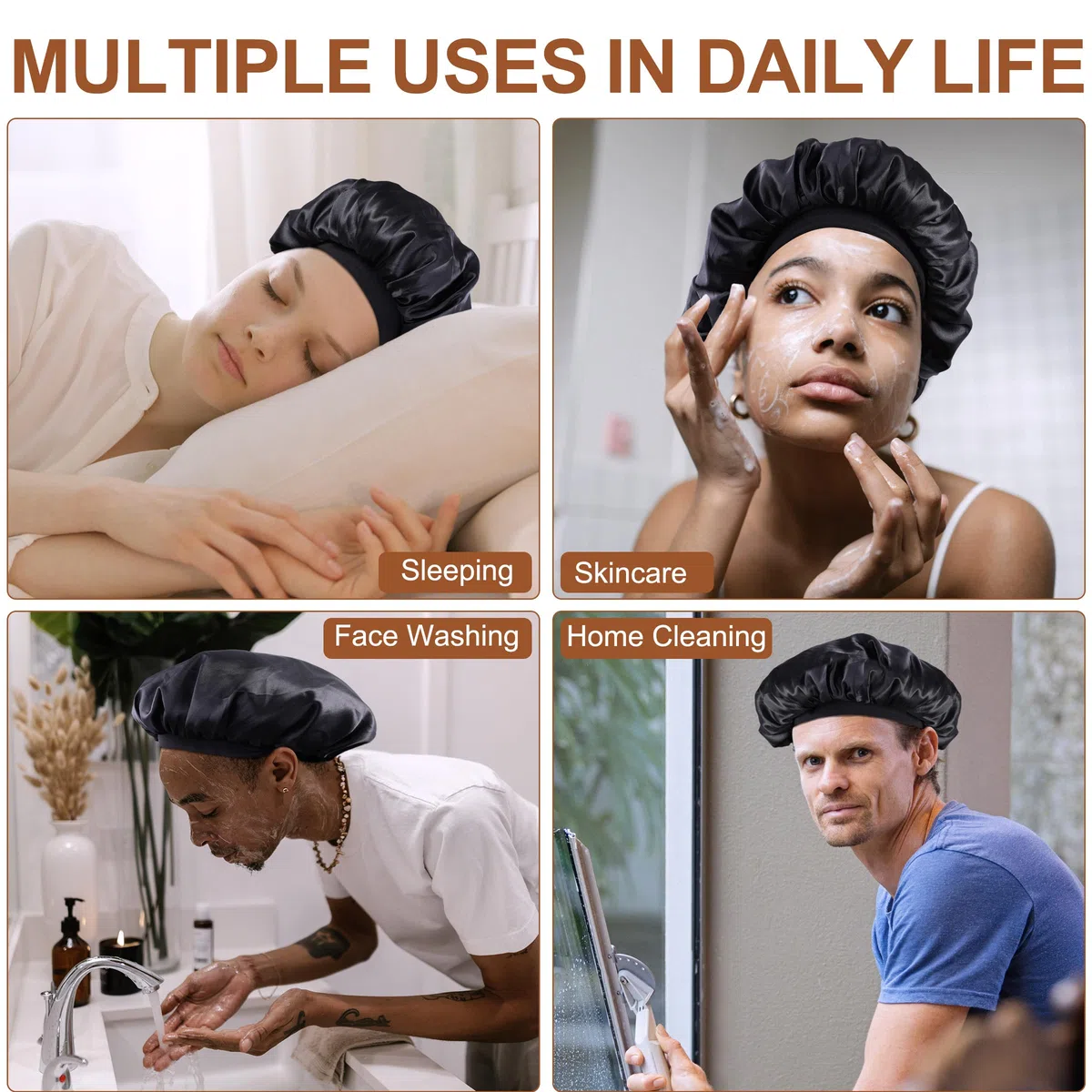 MoHern Cuffia da uomo, a doppio strato, in raso, per dormire, reversibile, per capelli ricci, cuffia in raso per uomini e donne di colore, nero, Large