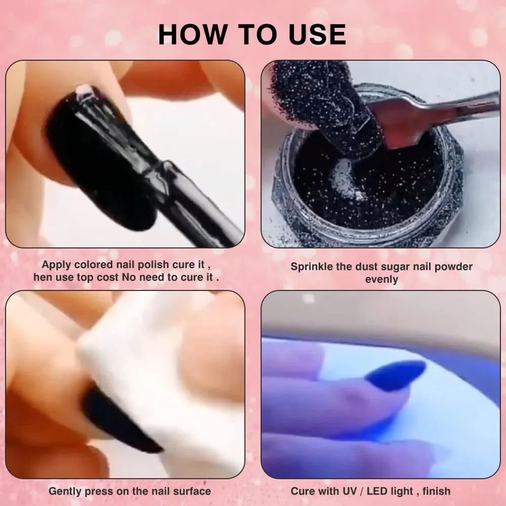 Polvere di zucchero nero – Glitter per unghie effetto zucchero luccicante, polvere di diamante