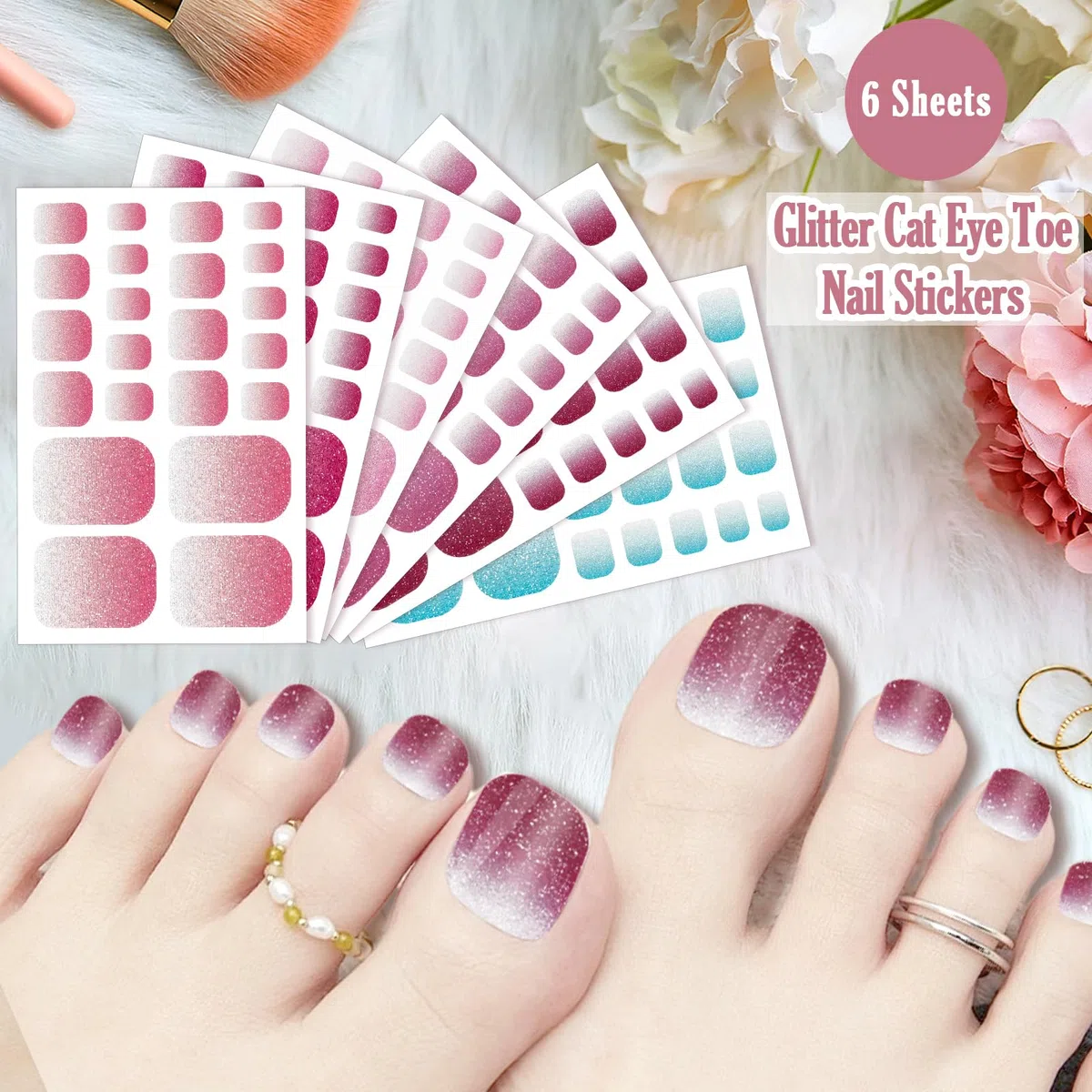 JSRQT 6 Pezzi Adesivi Unghie dei Piedi Glitterati, Adesivi Smalto per Unghie Toenail Stickers, Strisce Autoadesive e Decalcomaniein Gel per Donne Ragazze, Decorazioni per Nail Art Piedi