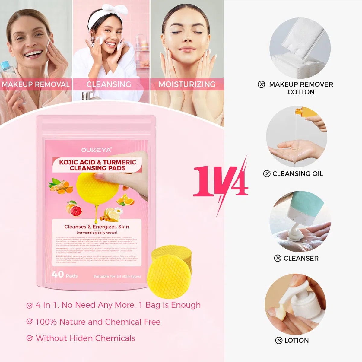 OUKEYA Dischetti Viso alla Curcuma e Acido Kojic, 40 Pezzi Esfolianti Delicati Dischetti Acido Cogico e Turmeric, Idratanti e Lenitivi Toner Pads per Pulizia Viso