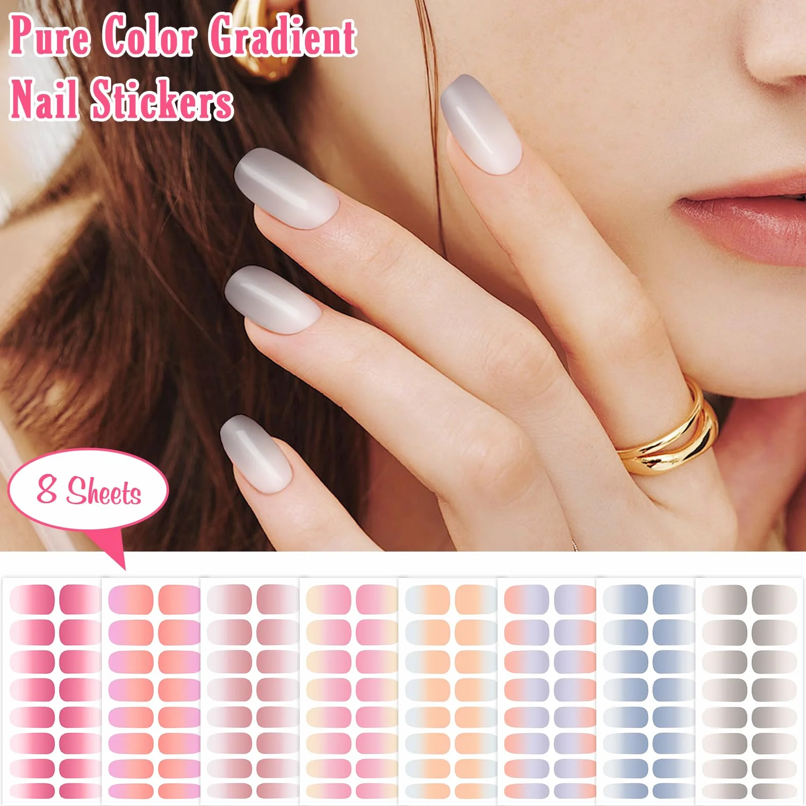 JSRQT 8 Fogli Smalto Adesivi Unghie Tinta Unita, Adesivo per Nail Art in Gel Decalcomania Autoadesiva, Strisce per Unghie con Lima, Decorazione per Donne Ragazze