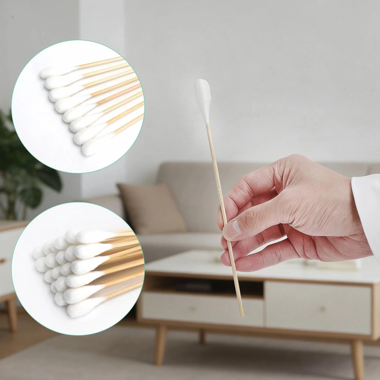 100 Pezzi Tamponi di Cotone Lunghi,Tamponi in Cotone con Manici in Legno,Bastoncini con Cotone, con Grandi Palline di Cotone per Pulizia,Cosmetologia,Strumento Cosmetico, 20cm