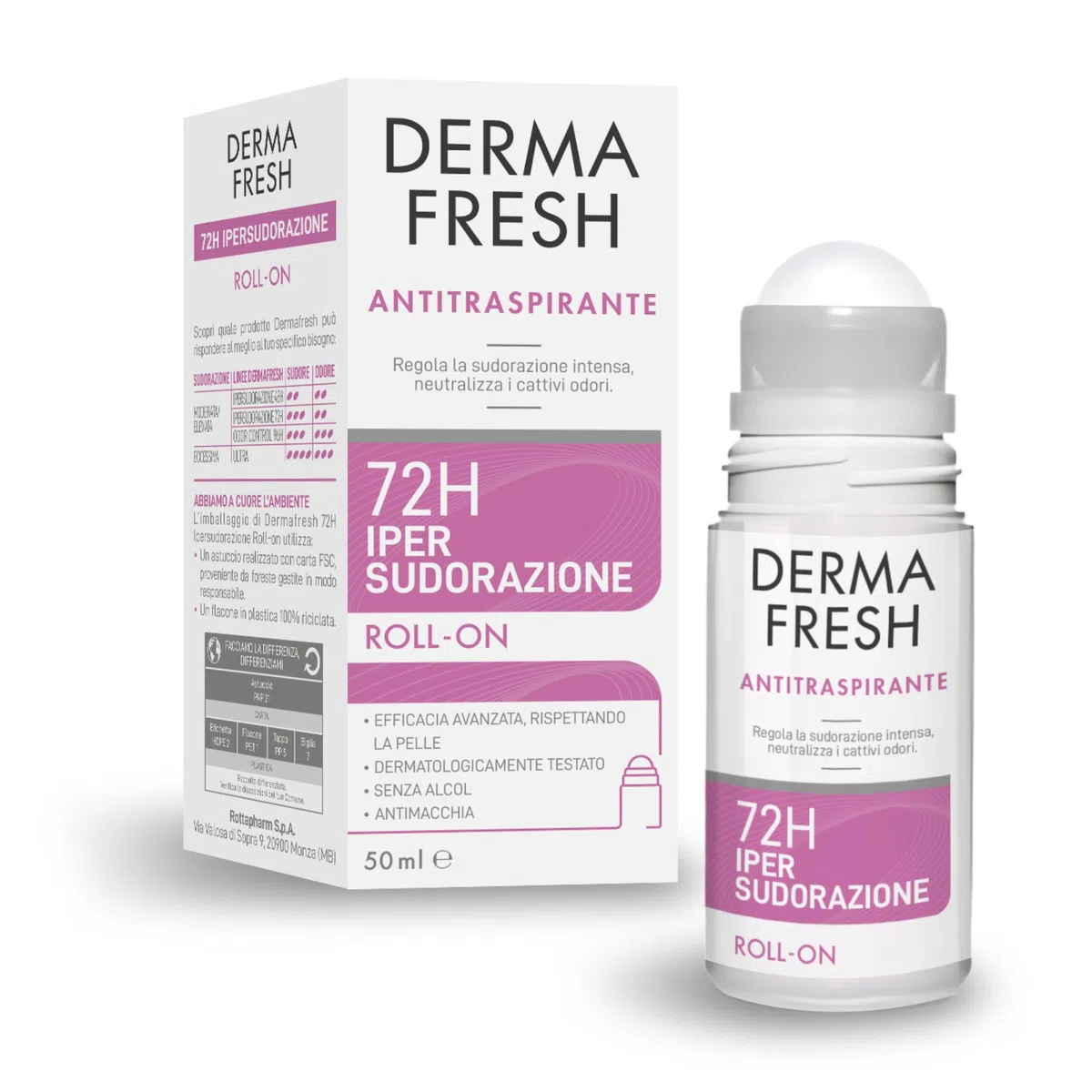 Dermafresh Ipersudorazione Efficace 72H, Deodorante Antitraspirante Roll-On 50 ml, No Alcol, Antimacchia, Delicato sulla Pelle, Contro Sudorazione e Cattivi Odori, Dermatologicamente Testato