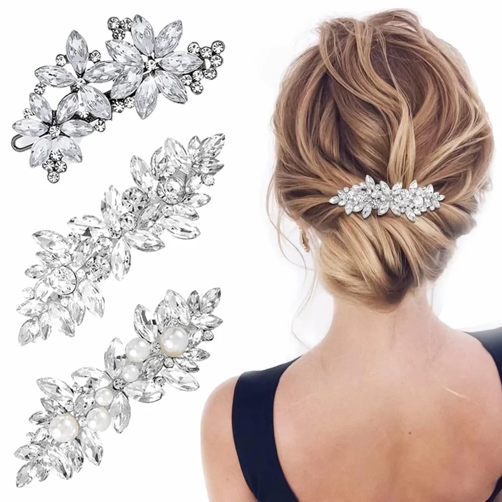 3 Pezzi Fermagli per Capelli Strass, Spille Decorative per Damigella d'Onore Fiore Copricapo Matrimonio Fermagli per Capelli Eleganti da Donna Accessori per Capelli Matrimonio