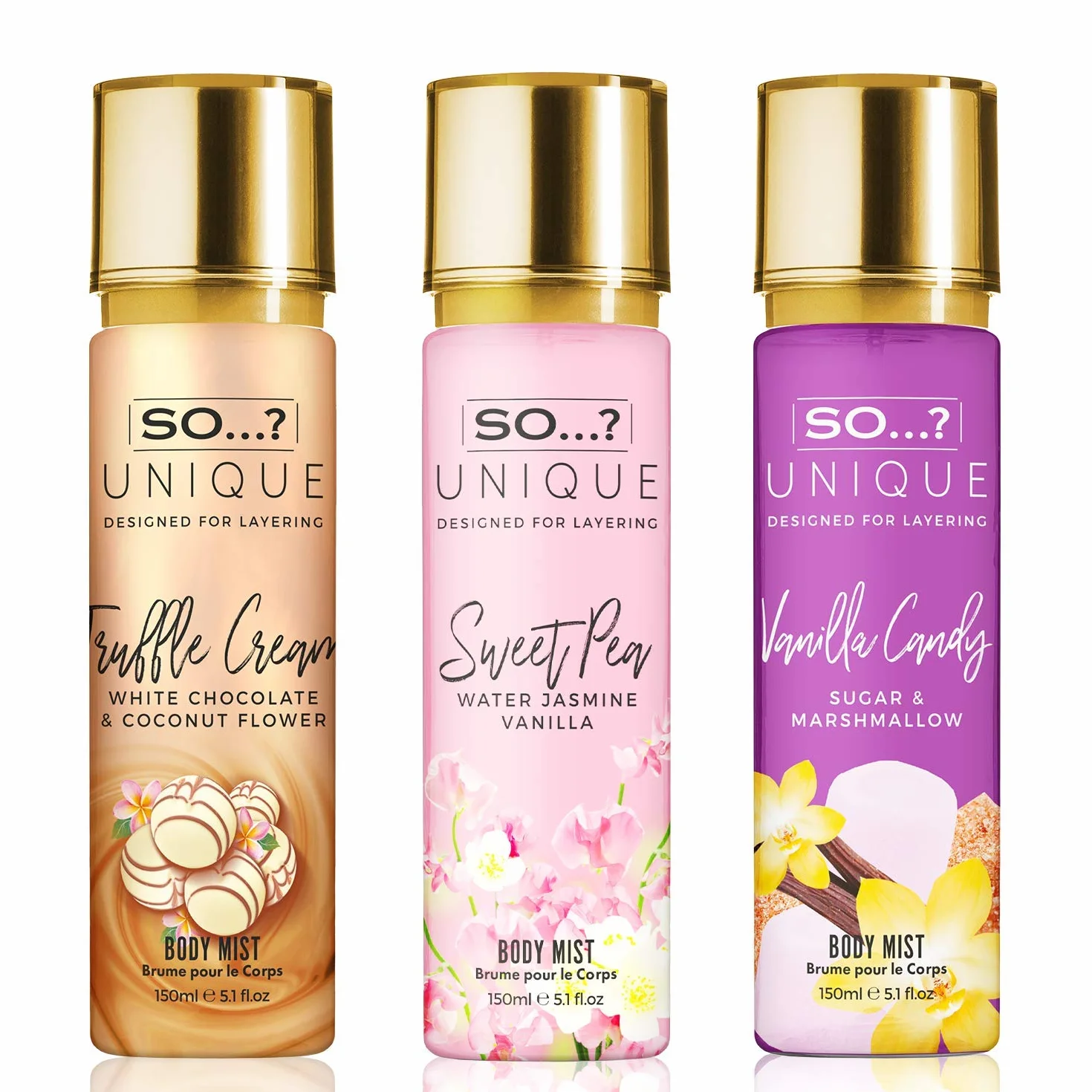 So…? Unique Womens Candy Kiss Bundle Truffle Cream, Sweet Pea, Vanilla Candy Body Mist Spray Mixed Fragrance Bundle 150ml (Pack of 3)