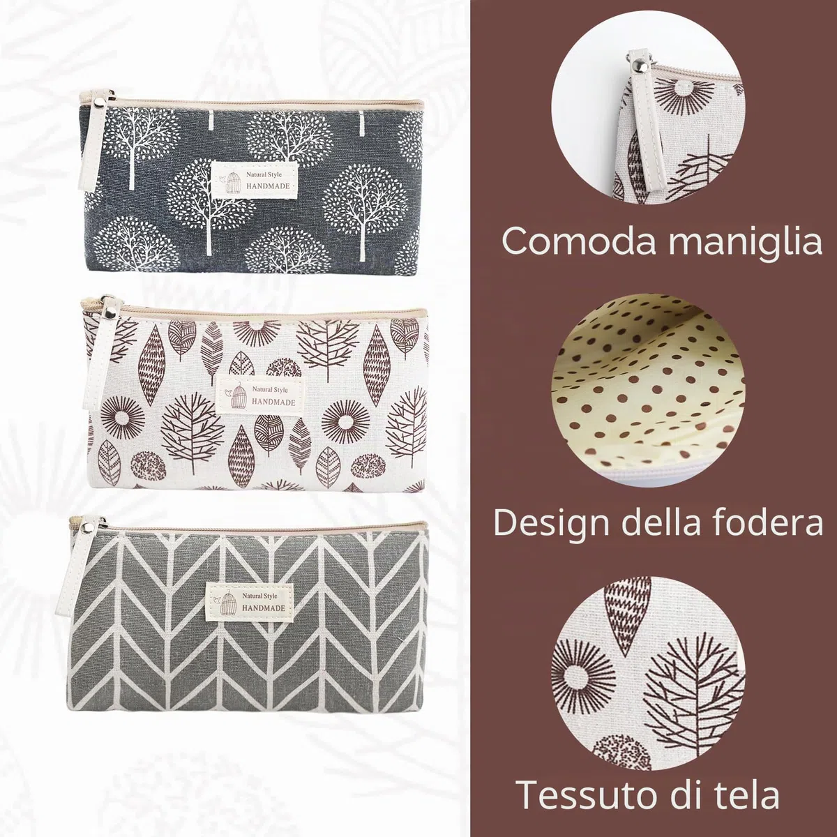 3 Pezzi Pochette Trucco, Trousse Donna, Pochette Donna Mare, Borsa per Cosmetici, Astuccio da Viaggio per Trucco, Regali Natale (Alberi/Frecce/Foglie)