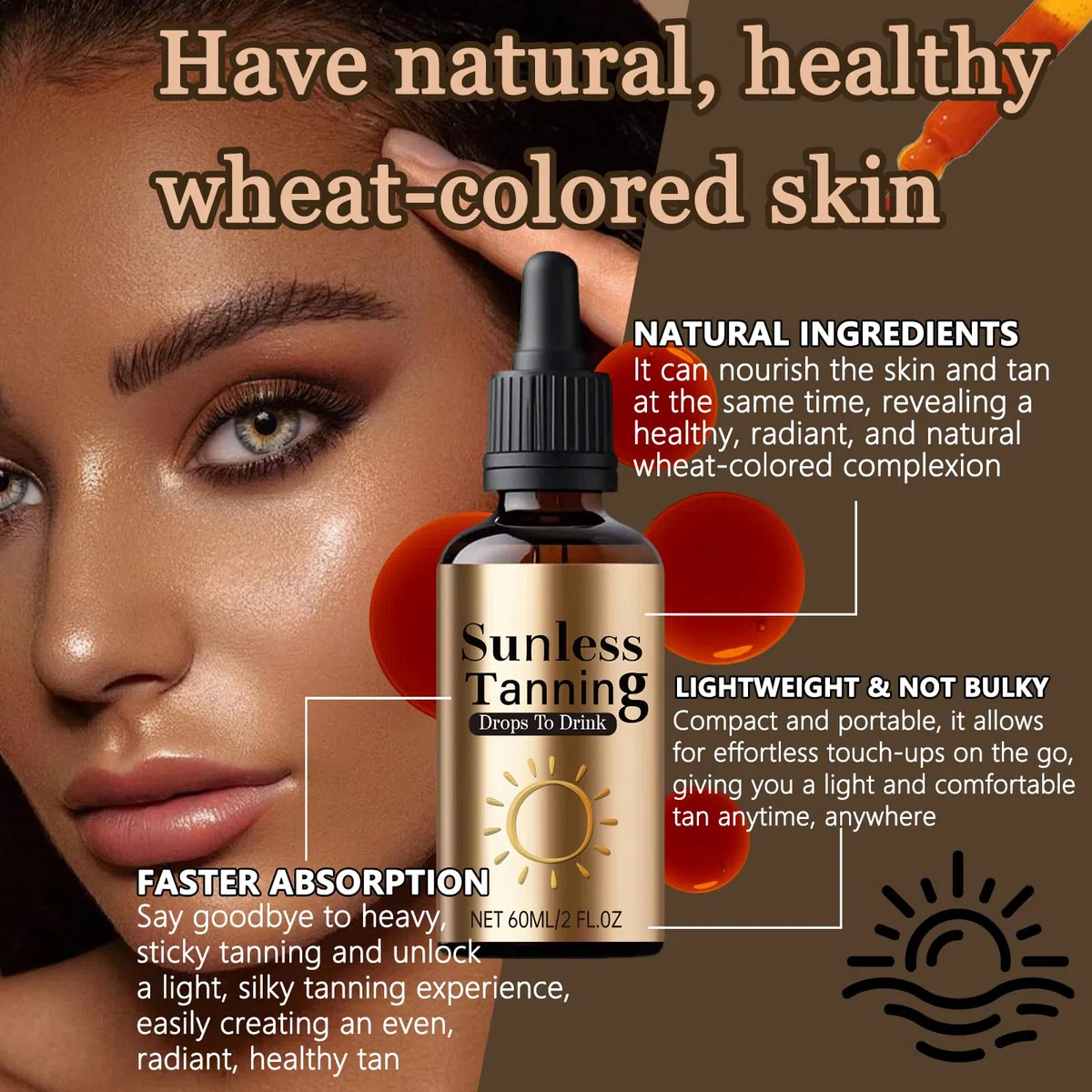 2 Pezzi Gocce Autoabbronzanti Viso, Gocce Abbronzanti Sunless per Stimola Produzione Naturale di Melanina, Miglioramento Duraturo Tono Della Pelle
