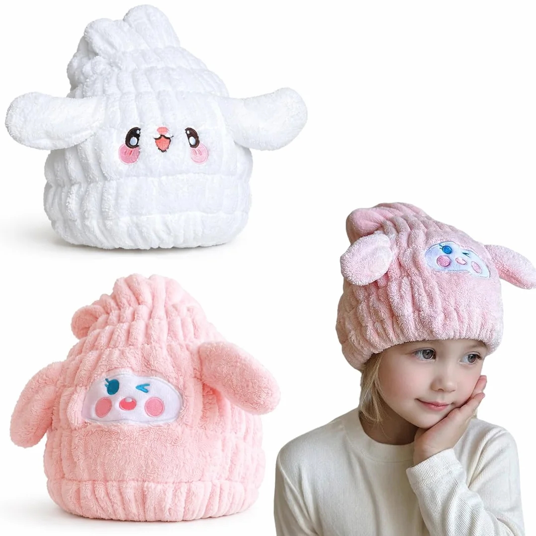 Turbante asciugacapelli, asciugamano capelli turbante, asciugamano microfibra capelli, cuffia capelli ricci notte, 2 Pezzi cuffia doccia bambini, Cane Bianco e Coniglio Rosa, Elastico