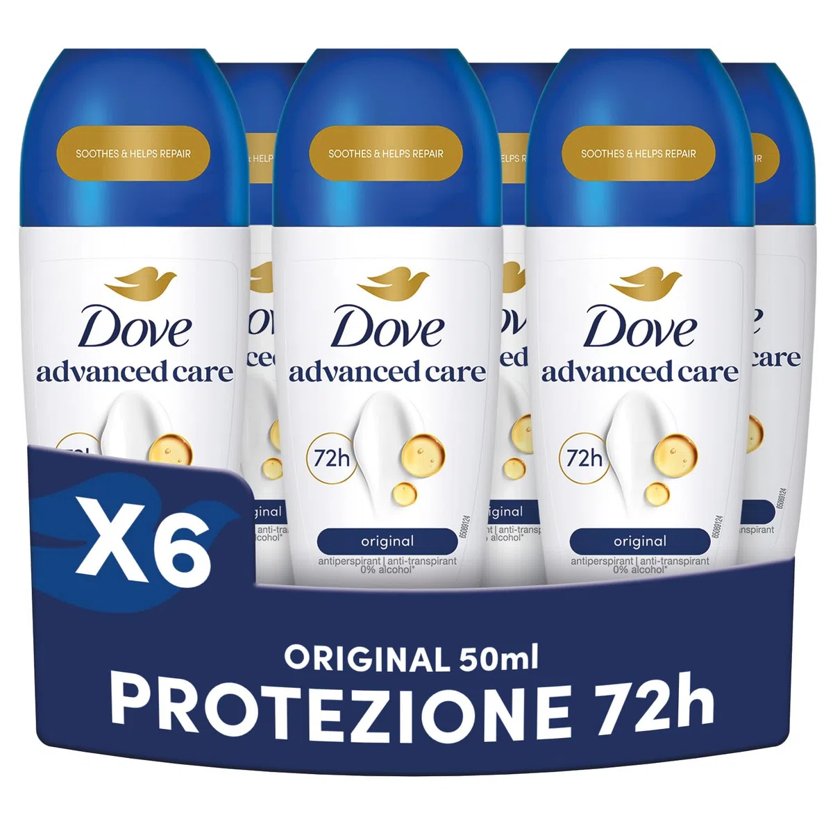 Dove Advanced Care Original, Deodorante Uomo e Donna Antitraspirante Roll On, Formula Delicata Con Tripla Azione Idratante, Protezione Fino a 48 Ore, Confezione da 6 Pezzi x 50 ml