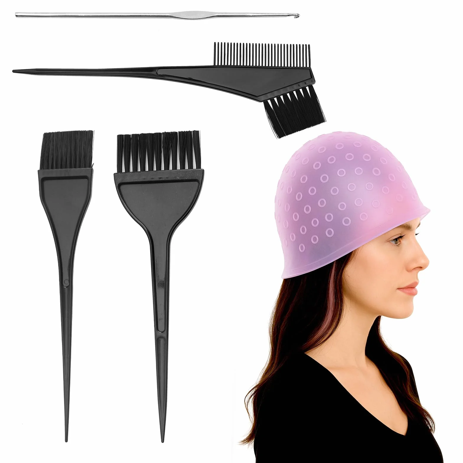 APOMOONS Cuffia per Meches Con ago in acciaio e Pennello Tinta Capelli, Cuffia Meches per la Tintura fai da te dei Capelli, Donne, Uomini e Ragazze alla Moda