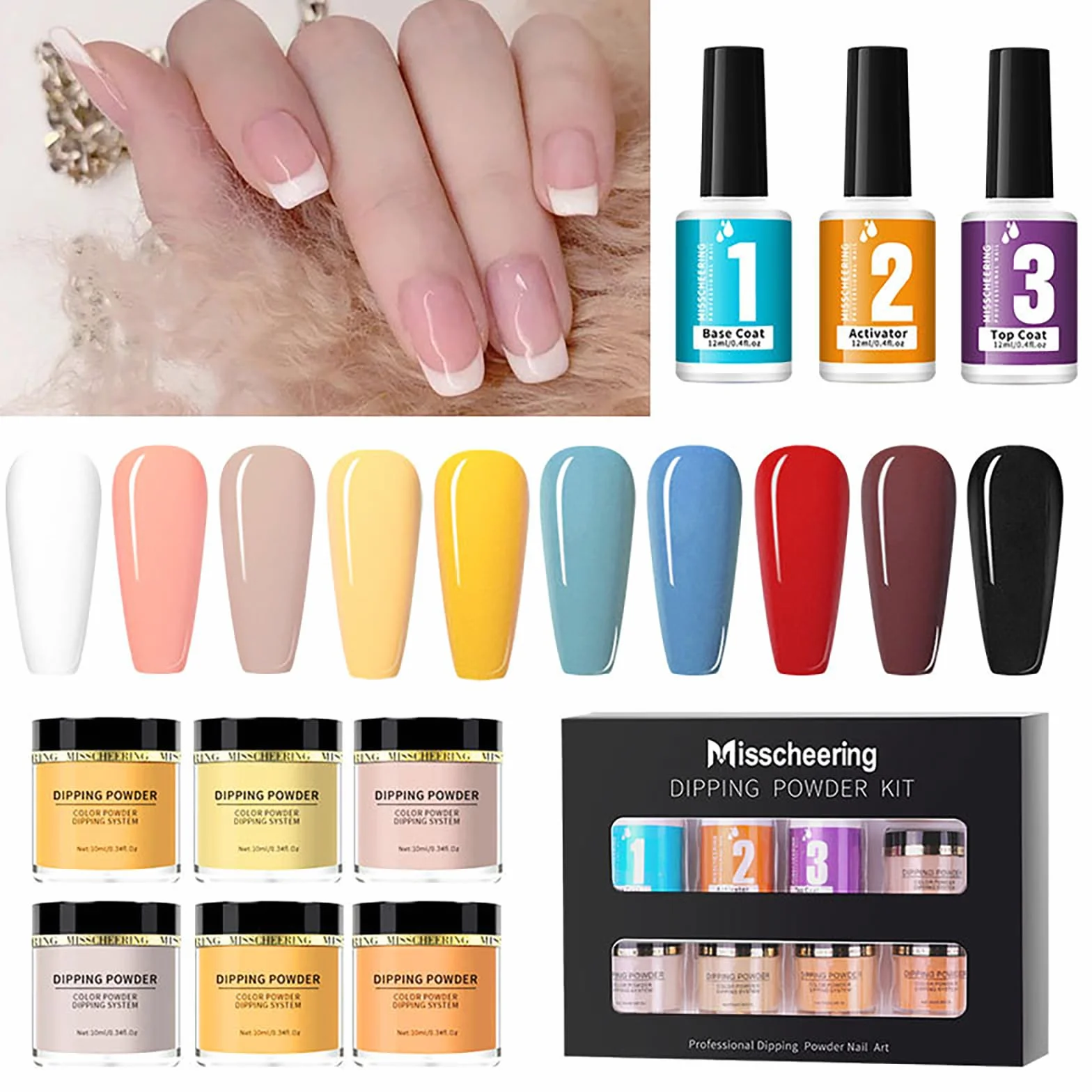 Polvere da Immersione Kit Starter per Unghie, RoseFlower Kit per unghie in polvere con 6 colori nudi, polvere per immersione Rosso Viola, Top Coat Base Coat - Set di Polvere per unghie Francese