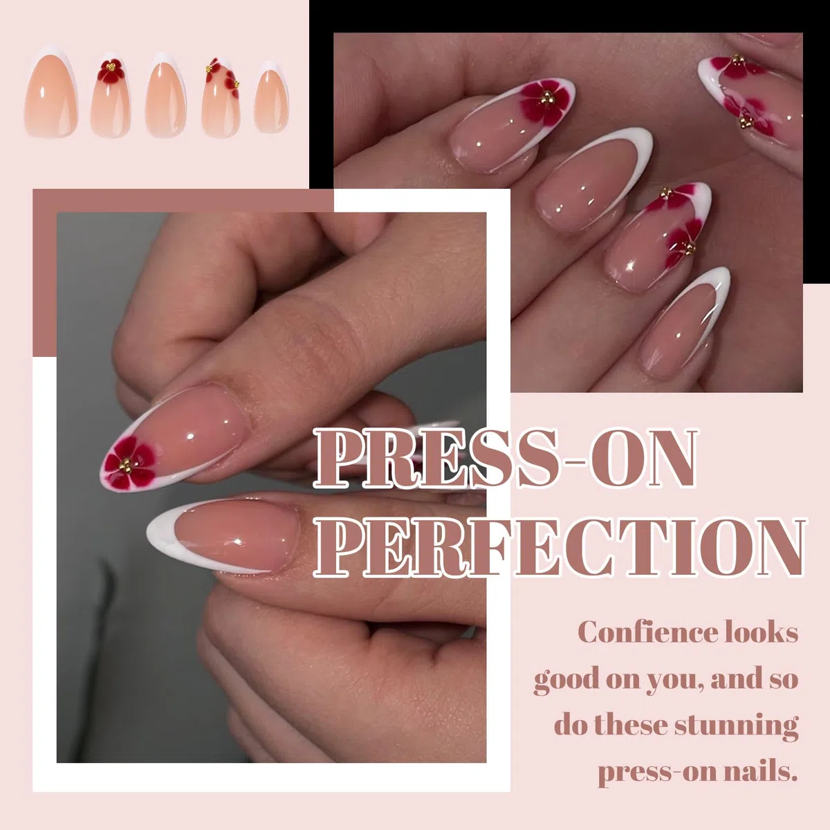 LunarCharm 24 pezzi unghie press on French tip rosse, unghie finte acriliche corte a mandorla con design floreale, unghie adesive lucide a copertura completa per donna fai da te