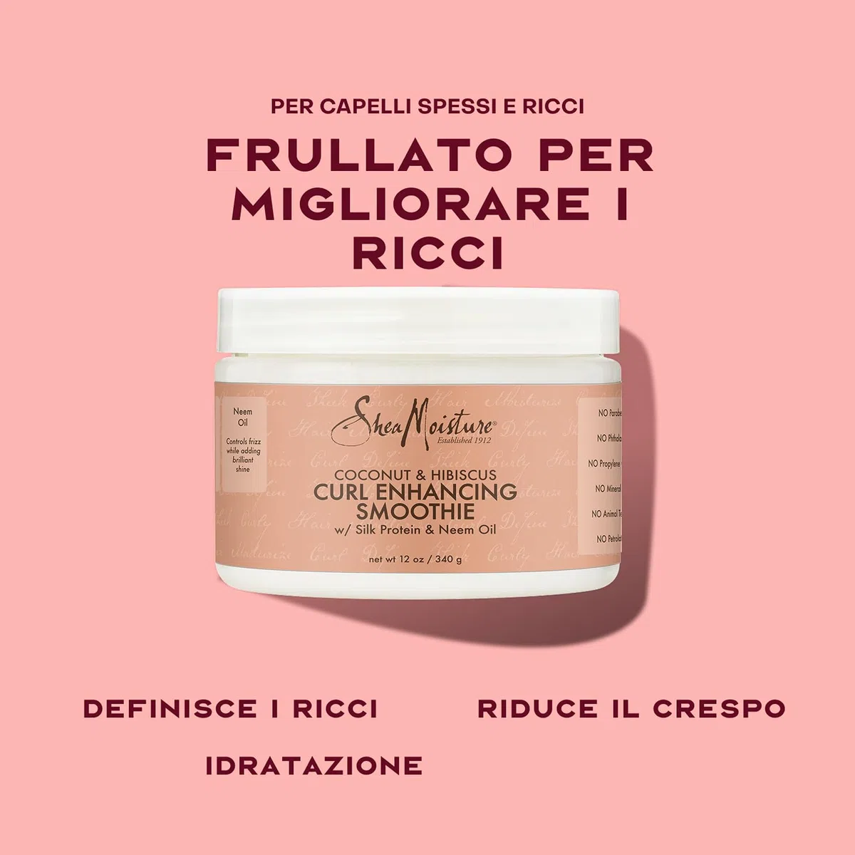 SheaMoisture Crema Leave-in Curl Enhancing Smoothie, Per Capelli Ricci o Mossi, Ricci Lucenti e Definiti, Effetto Anti-Crespo, Idratazione Intensa, Con Olio di Cocco, Ibisco e Burro di Karité, 326ml