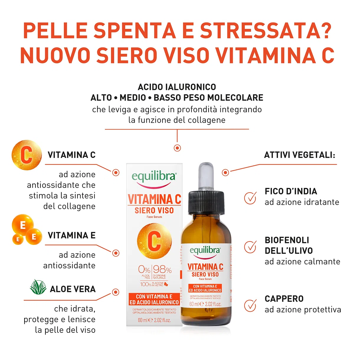 equilibra Viso, Siero Viso Vitamina C con Vitamina E, Acido Ialuronico e Aloe Vera, dona Luminosità e Freschezza, Adatto per Pelli Sensibili, Non Unge, Assorbimento Rapido, 60 ml