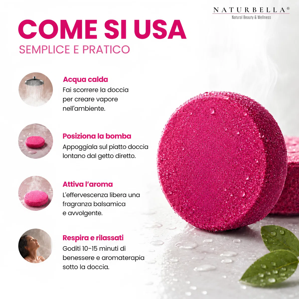 Naturbella 5 Bombe da Doccia Balsamiche Aroma Shower Breath Eucalipto, con Olio Essenziale Biologico di Eucalipto, Shower Bomb Aromaterapia Balsamica, per Doccia Aromaterapica Made in Italy