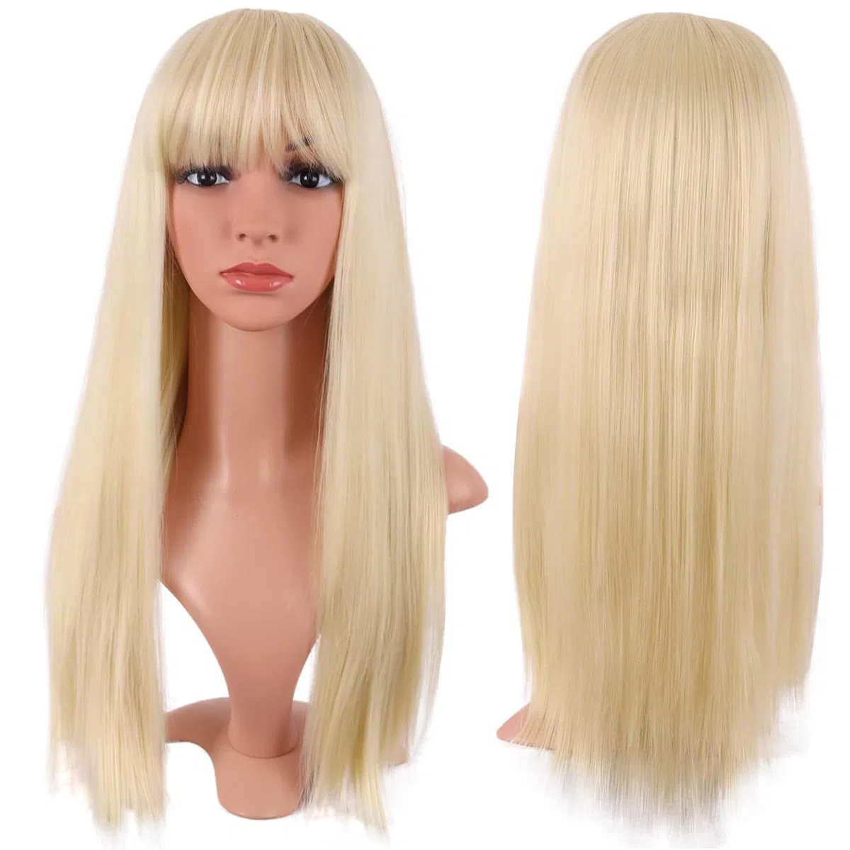 24 Pollice/60 cm Lungo Lisci Con Frange Sintetico Capelli, Parrucca bionda con frangia, Parrucca Bionda, Parrucca per Feste Cosplay Quotidiano