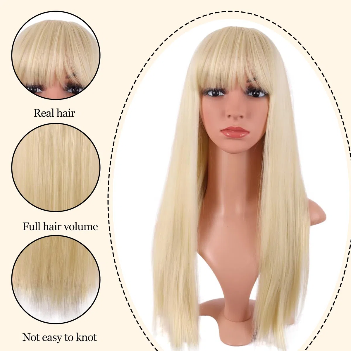 24 Pollice/60 cm Lungo Lisci Con Frange Sintetico Capelli, Parrucca bionda con frangia, Parrucca Bionda, Parrucca per Feste Cosplay Quotidiano