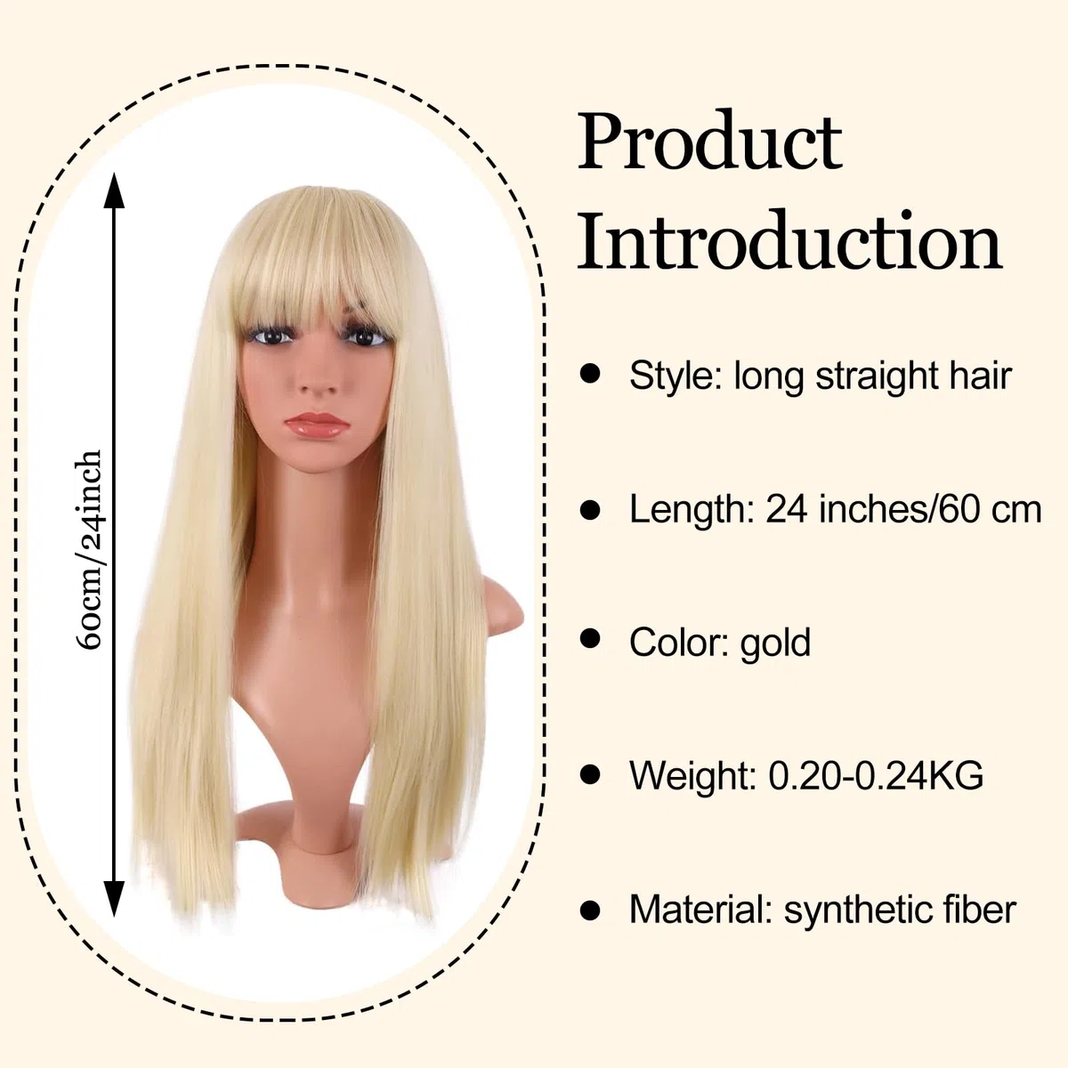 24 Pollice/60 cm Lungo Lisci Con Frange Sintetico Capelli, Parrucca bionda con frangia, Parrucca Bionda, Parrucca per Feste Cosplay Quotidiano