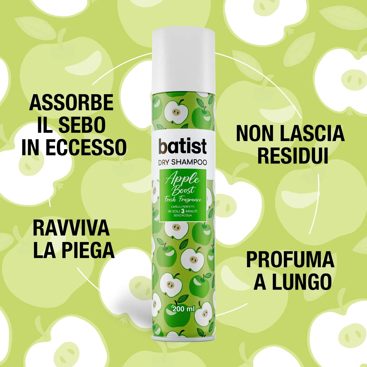 Batist Shampoo Secco Apple Boost, Shampoo a secco con profumo fresco di mela verde, Shampoo secco profumato per acconciature e messe in piega, per tutti i tipi di capelli, 200 ml, Made in Italy
