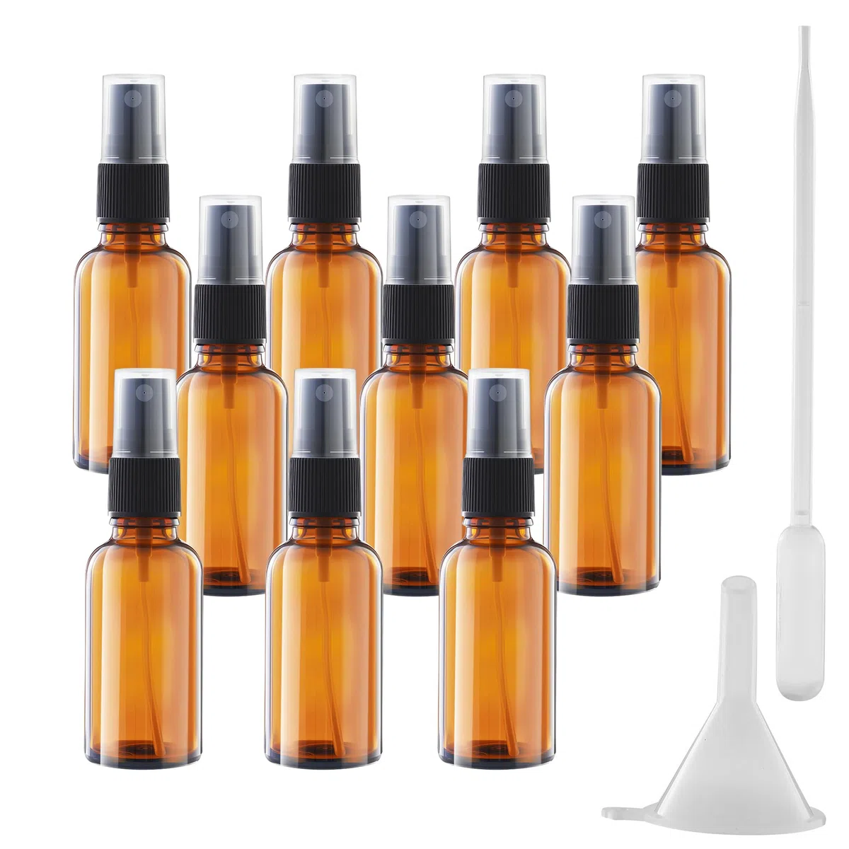 10 pezzi Bottiglie Spray Vetro, 30 ml Flaconi spray vuoti in vetro ,Flaconi spray in Vetro Ambrato con imbuto e contagocce Per il riempimento di oli essenziali, profumi,massaggi, capelli e viaggi