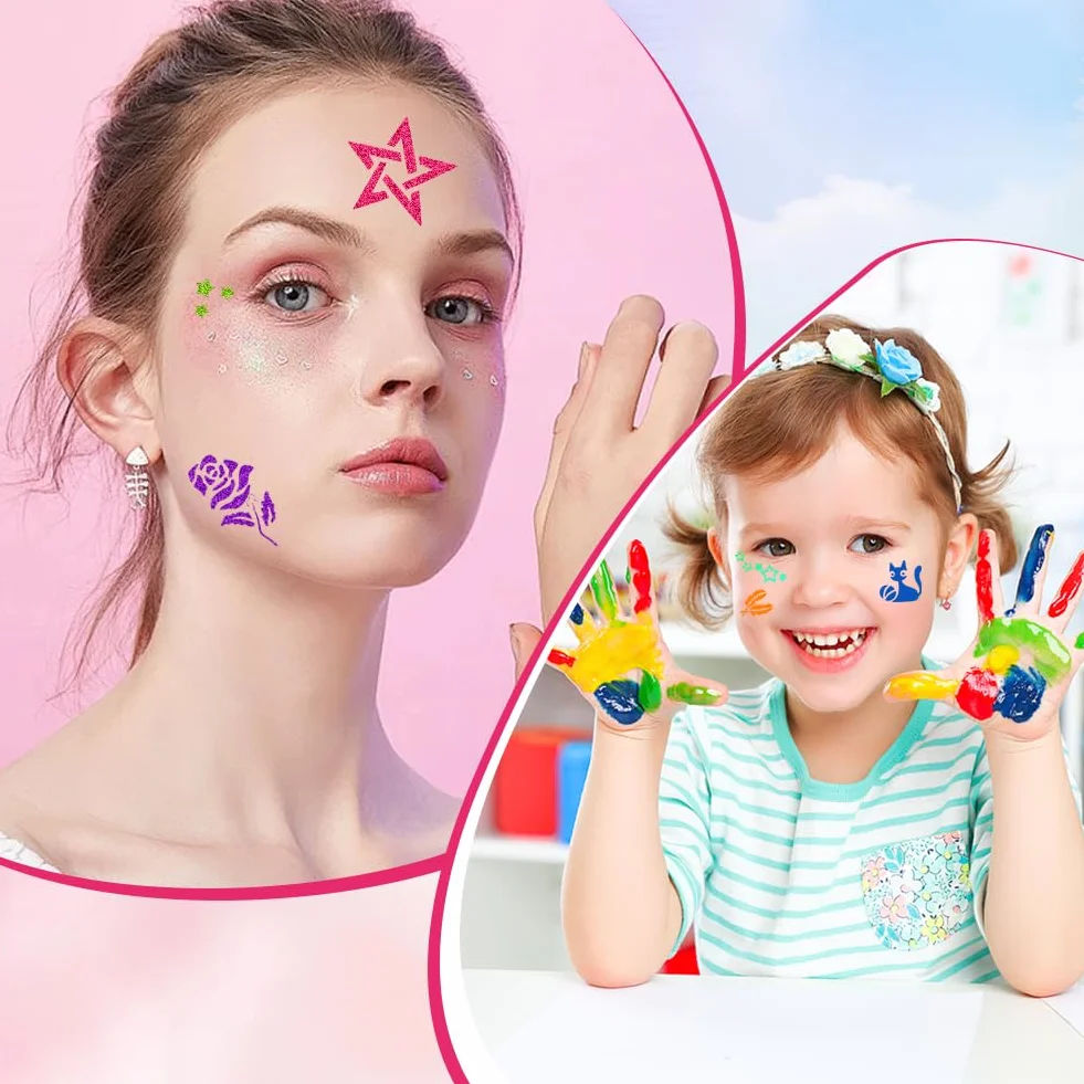 Truccabimbi Kit, 4 fogli Stencil di Pittura del Viso, Modello Riutilizzabile per Il Trucco, Con 10 Pennelli Professionali, Adatto per Halloween, Carnevale, Natale(C)