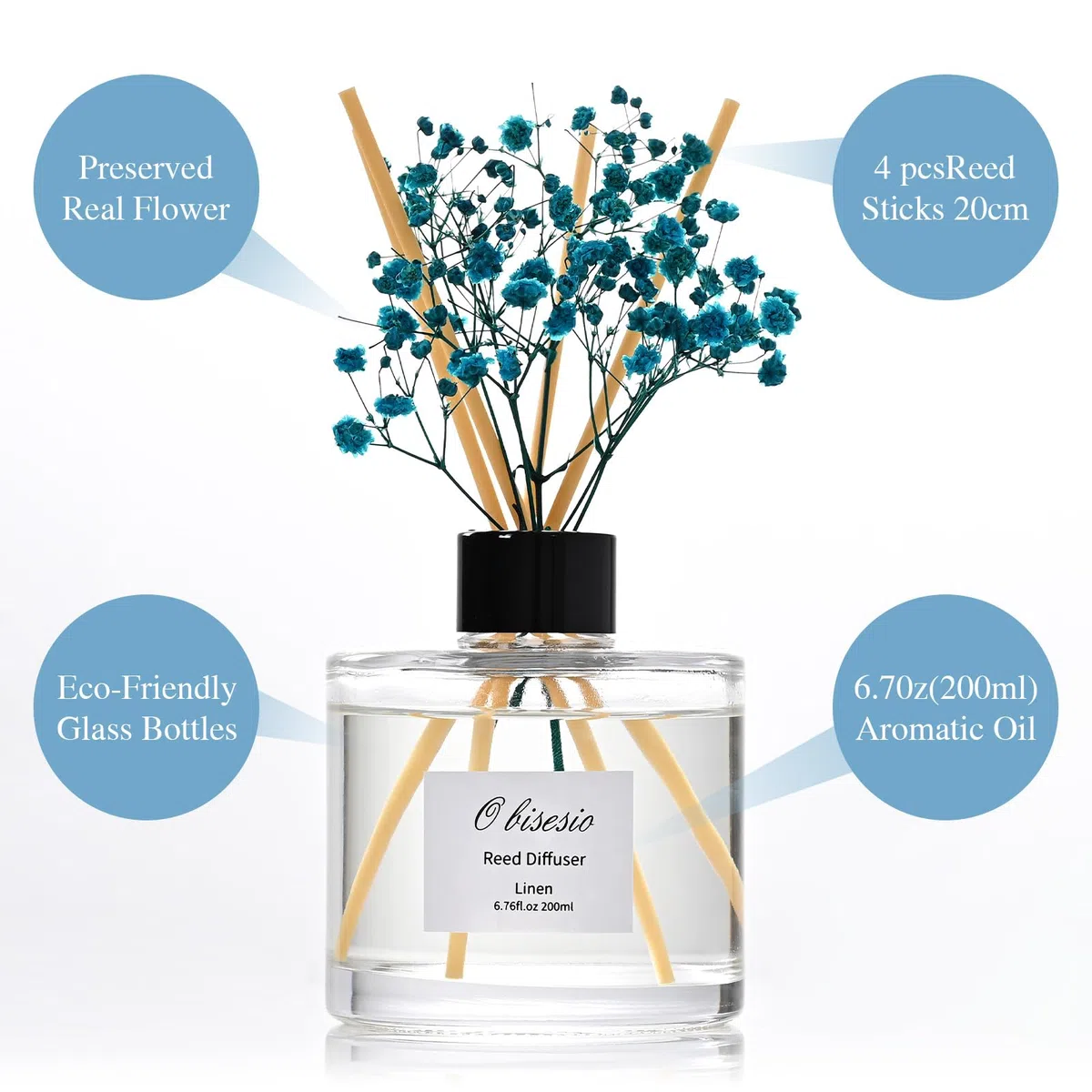 Diffusore, Diffusore A Canne Di Bambù, Diffusore Di Oli Essenziali, Con 4 Bastoncini Di Bambù + Fiori Secchi, 200 Ml Di Profumo Per Ambienti, Fragranza Naturale, Profumo Persistente — Fresco Di Lino
