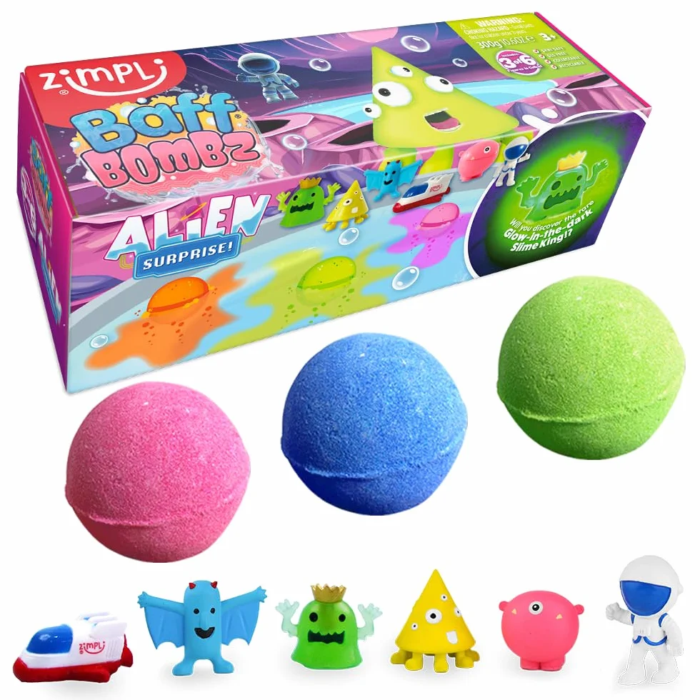 ZIMPLI - 3 x Large 100g Alien Surprise Baff Bombz, 1 dei 6 giocattoli alieni da collezionare, uno per ogni bomba da bagno, regalo di compleanno per bambini, giocattolo da bagno