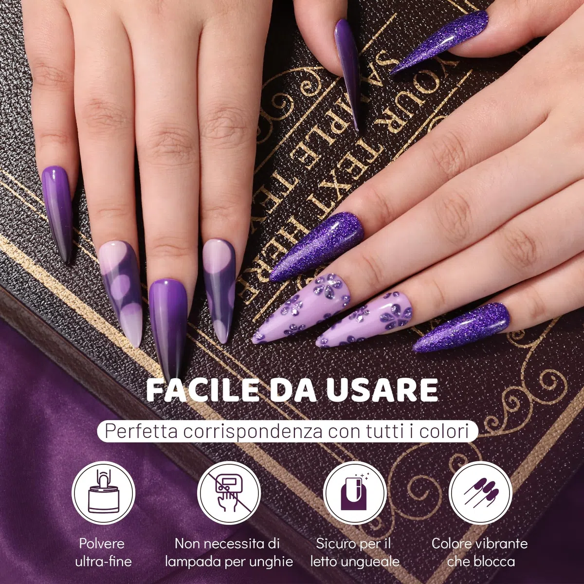 Aokitec 4 colori polvere per immersione, tonalità viola polvere per immersione per nail art francese salone di bellezza, polvere per unghie per principianti, inodore a lunga durata, regalo per donna