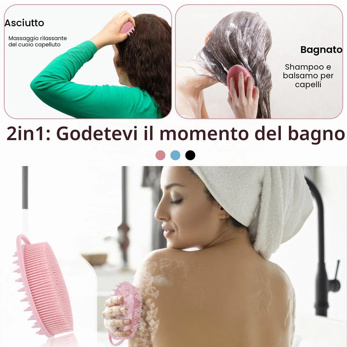 Paquete de 3 Spazzola per Corpo in Silicone, 2 in 1 Spazzola Shampoo, Spazzola Da Bagno in Silicone, Per Massaggio Alla Testa, Esfoliante, Delicata, Schiuma Bene, Facile Da Pulire